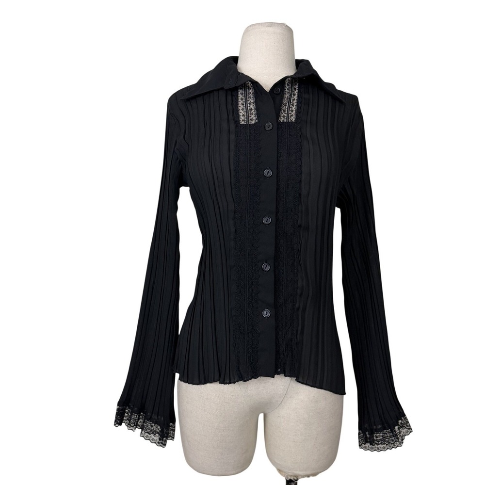 RAG Pleated Accordion Lace Sheer Blouse Sz M Black Button Front Fairy Victorian